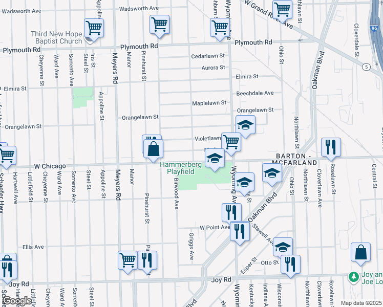 map of restaurants, bars, coffee shops, grocery stores, and more near 10300 West Chicago in Detroit