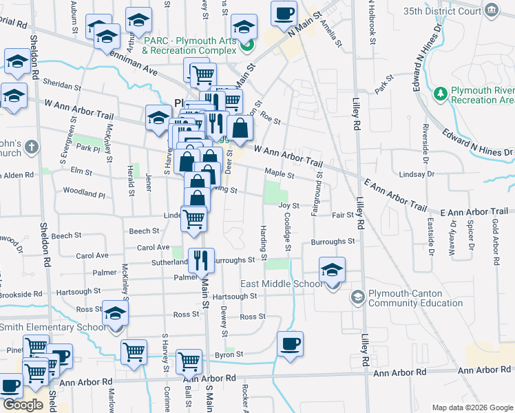 map of restaurants, bars, coffee shops, grocery stores, and more near 729 Harding Street in Plymouth