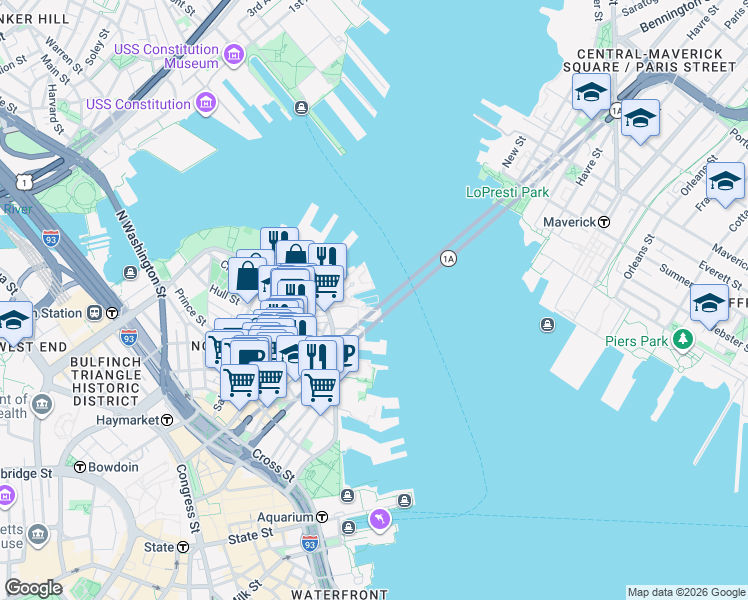 map of restaurants, bars, coffee shops, grocery stores, and more near 50 Battery Street in Boston