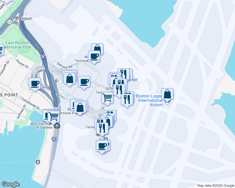 map of restaurants, bars, coffee shops, grocery stores, and more near 300 Terminal C in Boston