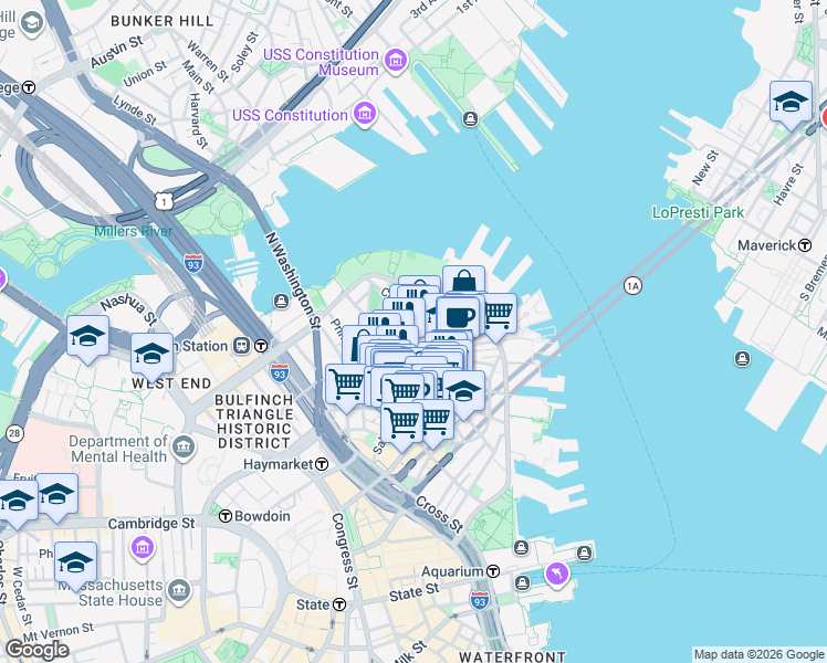 map of restaurants, bars, coffee shops, grocery stores, and more near in Boston