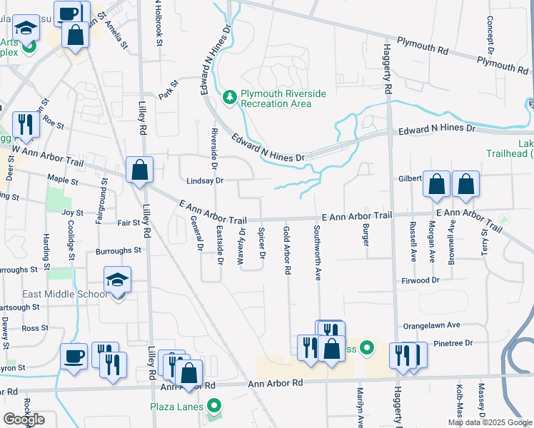 map of restaurants, bars, coffee shops, grocery stores, and more near 41551 East Ann Arbor Trail in Plymouth