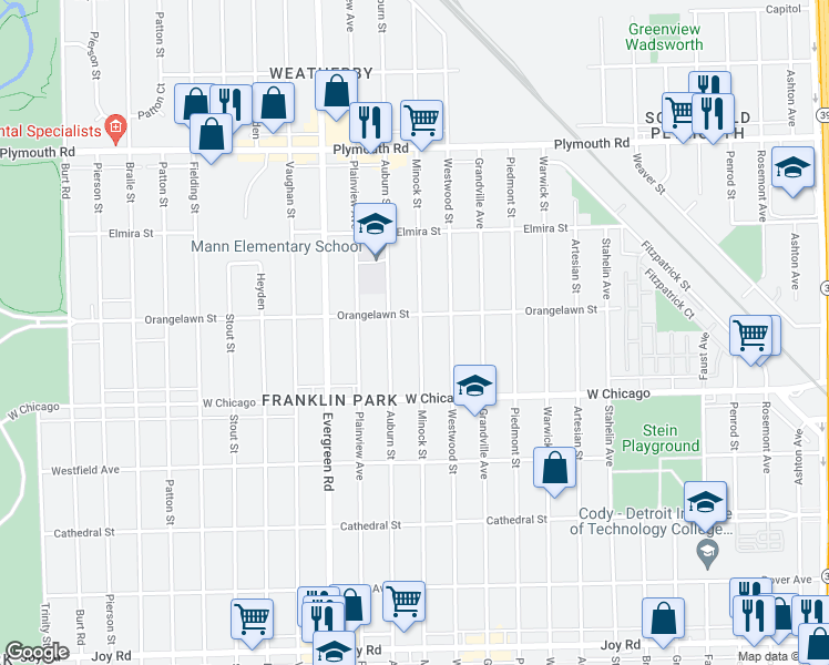 map of restaurants, bars, coffee shops, grocery stores, and more near 9629 Minock Street in Detroit