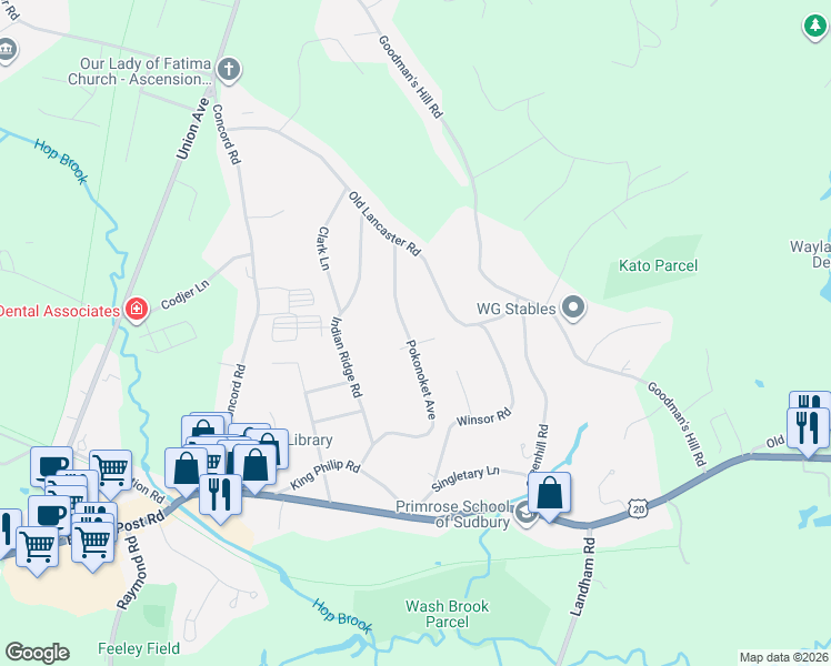 map of restaurants, bars, coffee shops, grocery stores, and more near 73 Pokonoket Avenue in Sudbury