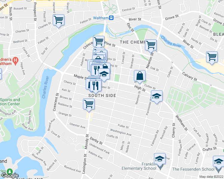 map of restaurants, bars, coffee shops, grocery stores, and more near 19 Alder Street in Waltham