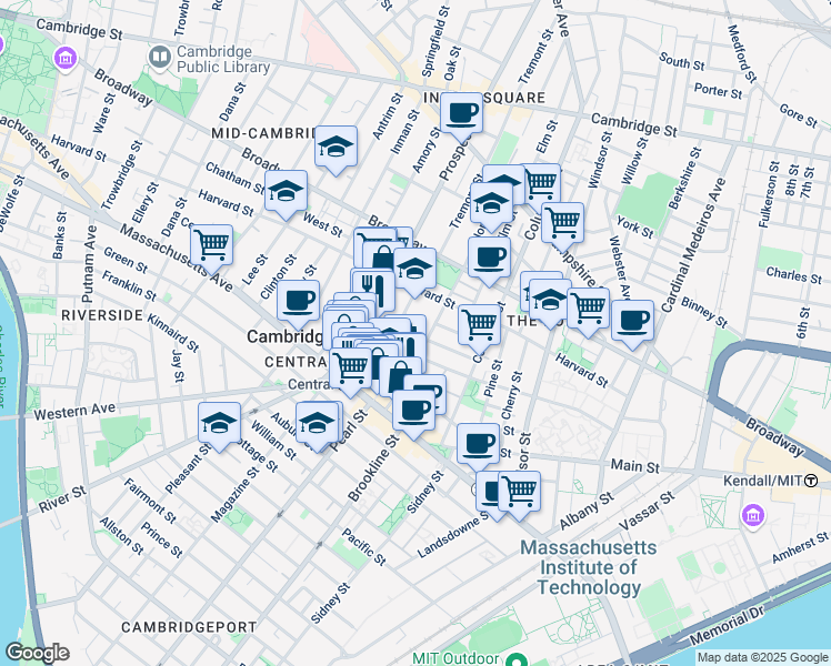 map of restaurants, bars, coffee shops, grocery stores, and more near 5 Ashburton Place in Cambridge