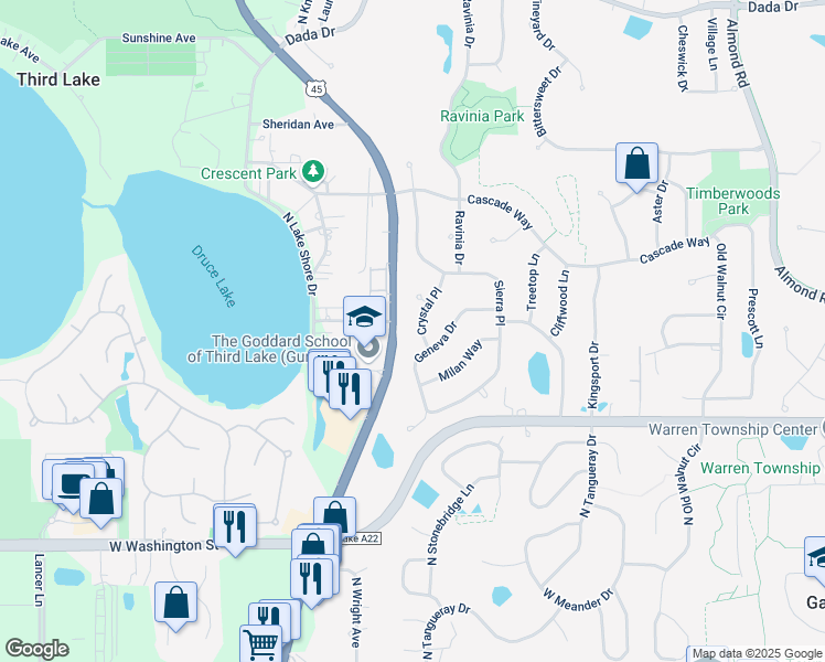 map of restaurants, bars, coffee shops, grocery stores, and more near 7796 Geneva Drive in Gurnee