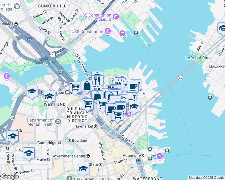 map of restaurants, bars, coffee shops, grocery stores, and more near 3 Snow Hill Street in Boston