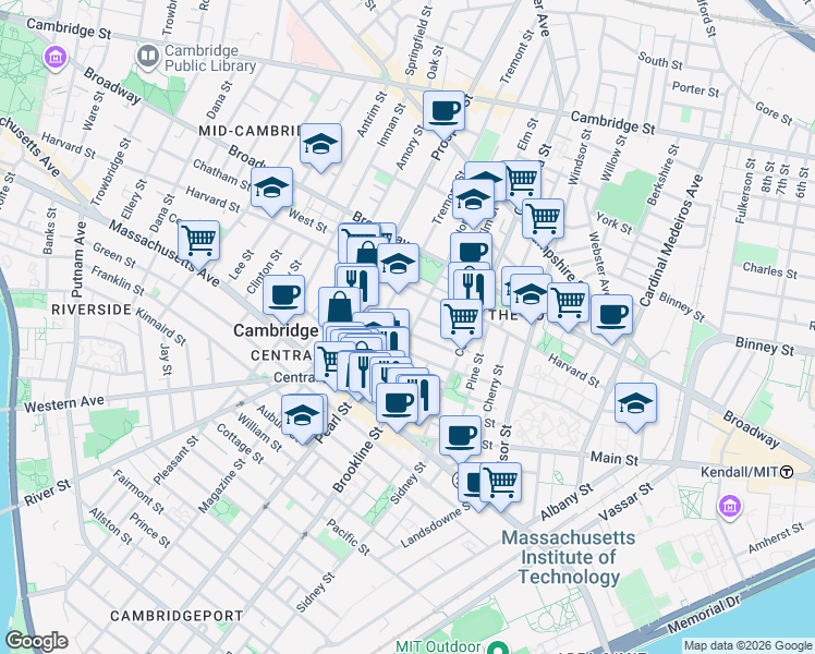 map of restaurants, bars, coffee shops, grocery stores, and more near 385 Washington Street in Cambridge