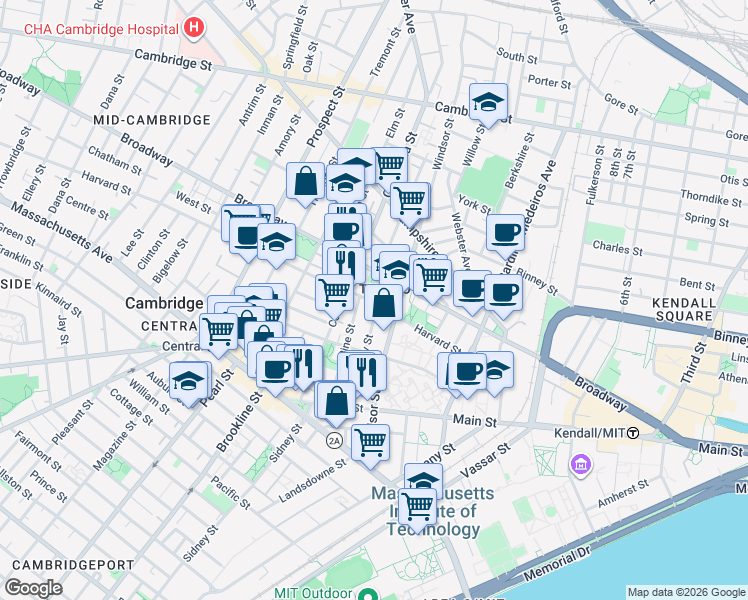 map of restaurants, bars, coffee shops, grocery stores, and more near 183 Harvard Street in Cambridge