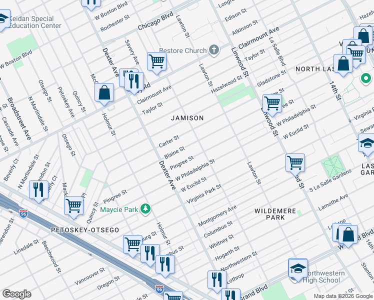 map of restaurants, bars, coffee shops, grocery stores, and more near 3265 Pingree Street in Detroit