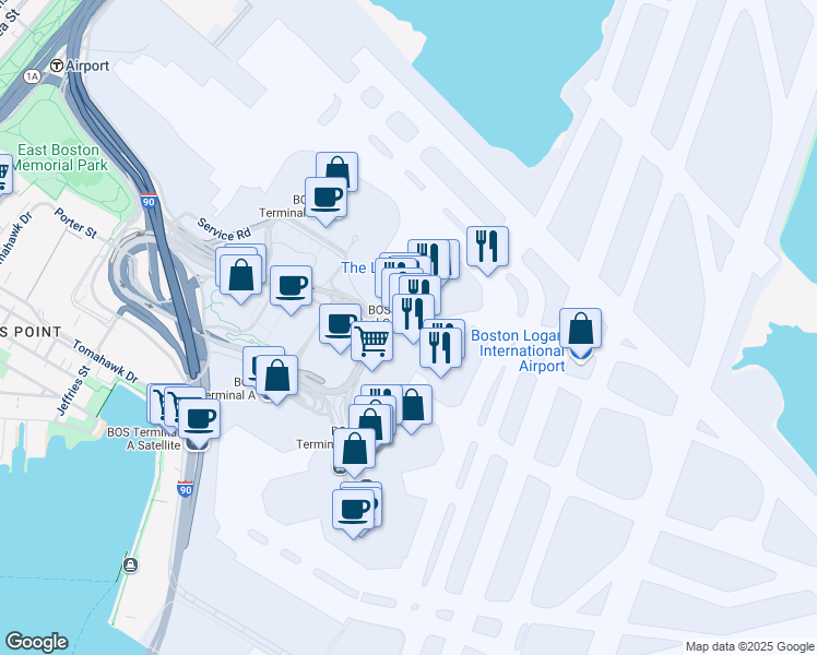 map of restaurants, bars, coffee shops, grocery stores, and more near 1 Harborside Drive in Boston