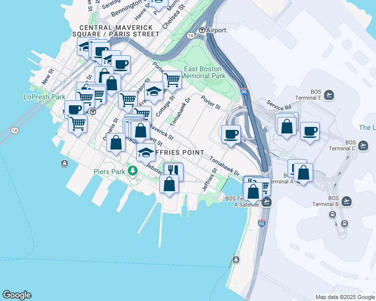 map of restaurants, bars, coffee shops, grocery stores, and more near 206 Everett Street in Boston