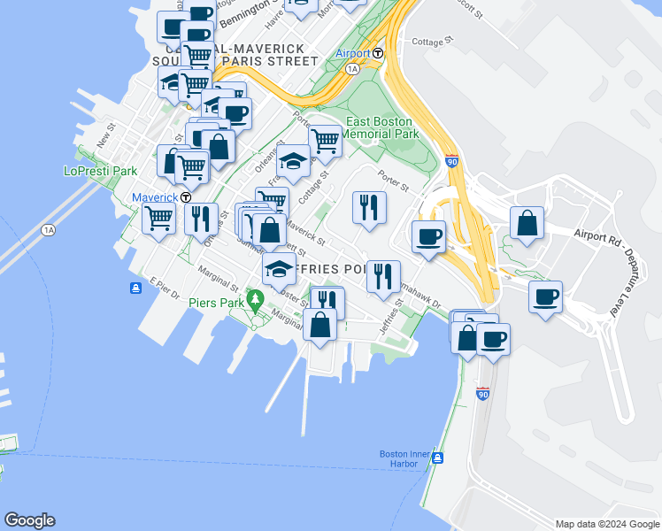 map of restaurants, bars, coffee shops, grocery stores, and more near 430 Sumner Street in Boston