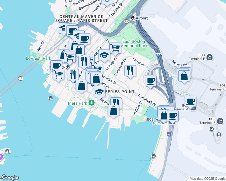 map of restaurants, bars, coffee shops, grocery stores, and more near 430 Sumner Street in Boston