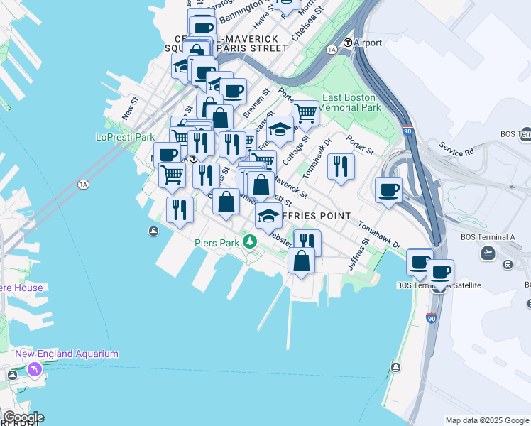 map of restaurants, bars, coffee shops, grocery stores, and more near 141 Webster Street in Boston