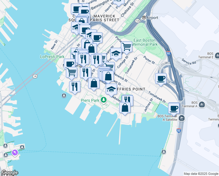map of restaurants, bars, coffee shops, grocery stores, and more near 141 Webster Street in Boston