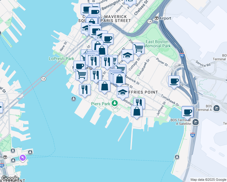 map of restaurants, bars, coffee shops, grocery stores, and more near 110A Marginal Street in Boston