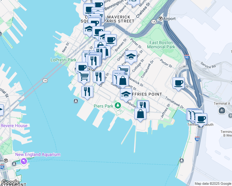 map of restaurants, bars, coffee shops, grocery stores, and more near 110A Marginal Street in Boston