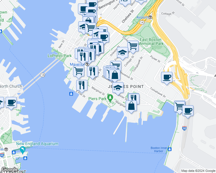 map of restaurants, bars, coffee shops, grocery stores, and more near 110A Marginal Street in Boston
