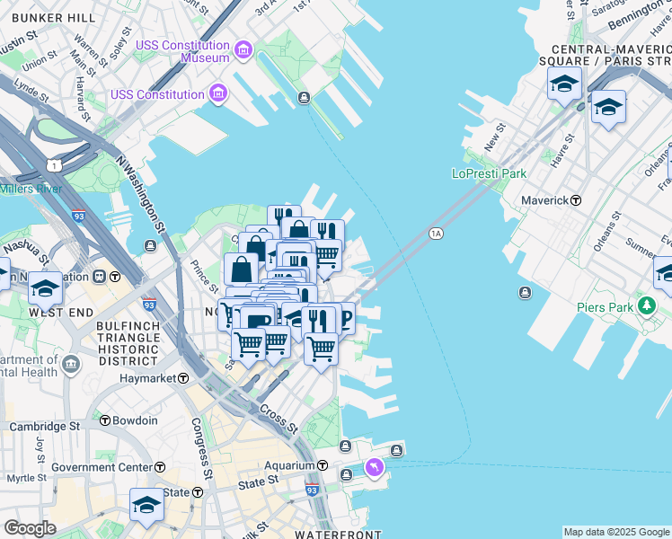 map of restaurants, bars, coffee shops, grocery stores, and more near 5 Battery Wharf in Boston