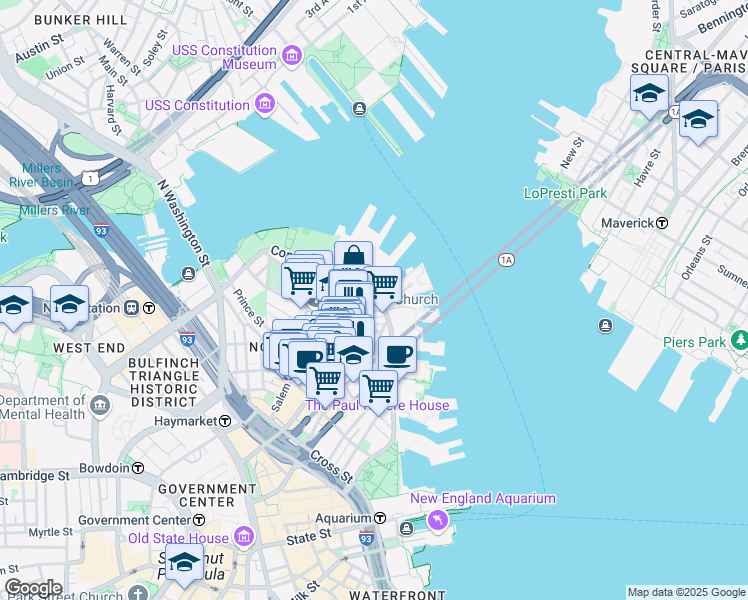 map of restaurants, bars, coffee shops, grocery stores, and more near 7 Powers Court in Boston