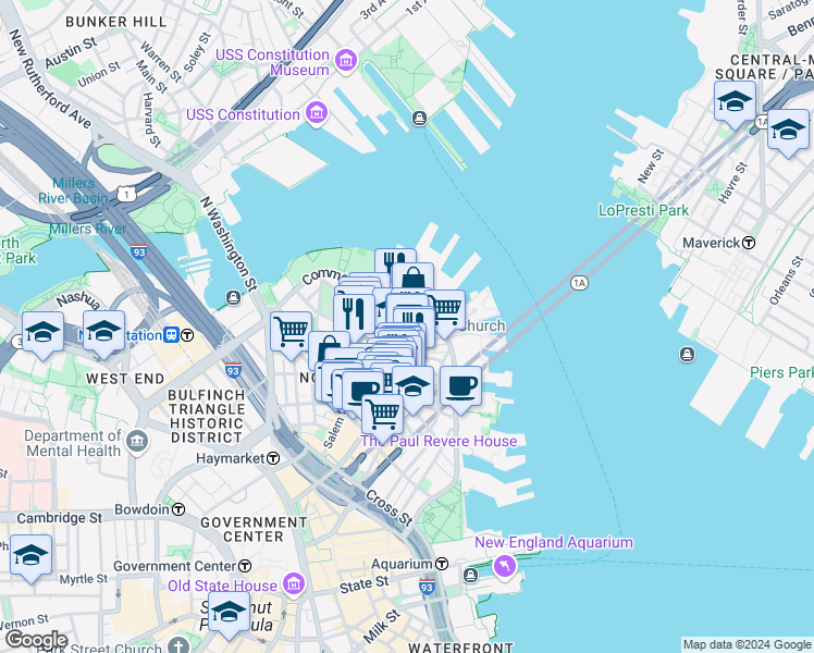 map of restaurants, bars, coffee shops, grocery stores, and more near 4 Charter Street in Boston