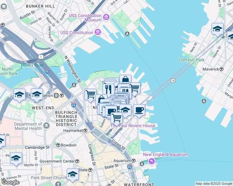 map of restaurants, bars, coffee shops, grocery stores, and more near 4 Charter Street in Boston