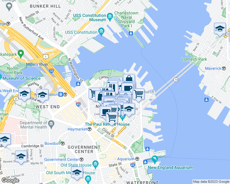 map of restaurants, bars, coffee shops, grocery stores, and more near in Boston