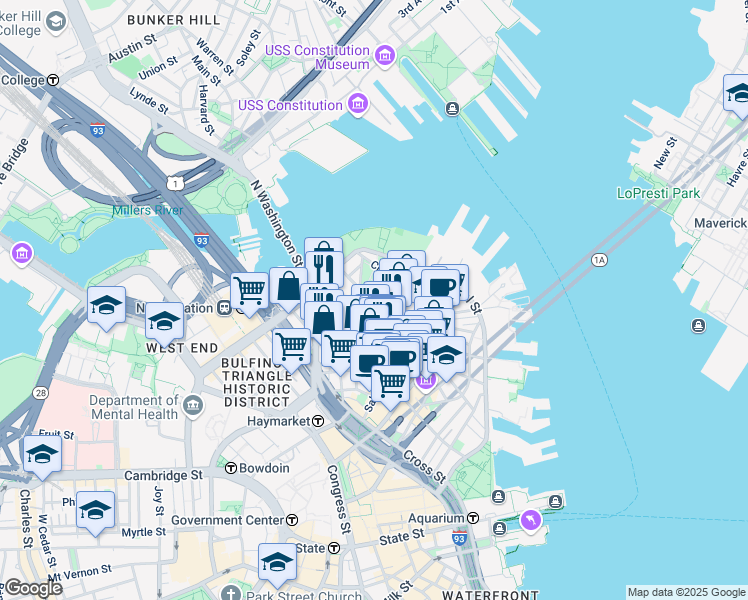 map of restaurants, bars, coffee shops, grocery stores, and more near 3 Snow Hill Street in Boston