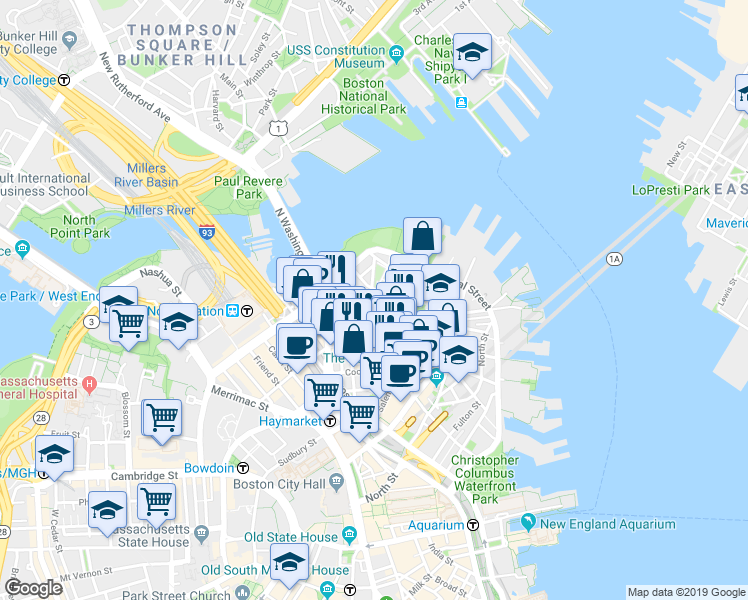 map of restaurants, bars, coffee shops, grocery stores, and more near 3 Snow Hill Street in Boston