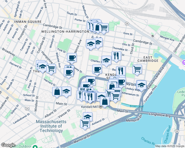 map of restaurants, bars, coffee shops, grocery stores, and more near 264 Binney Street in Cambridge