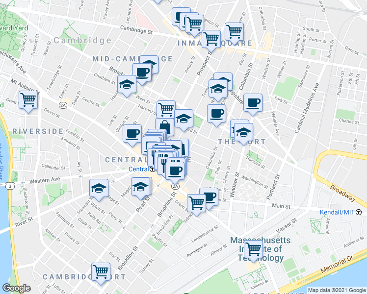 map of restaurants, bars, coffee shops, grocery stores, and more near 5 Ashburton Place in Cambridge