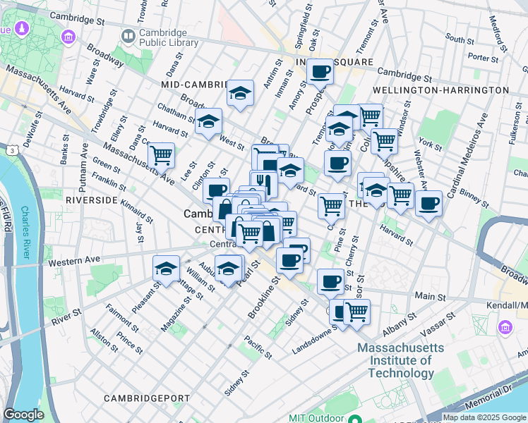 map of restaurants, bars, coffee shops, grocery stores, and more near in Cambridge