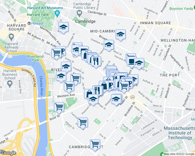 map of restaurants, bars, coffee shops, grocery stores, and more near 345 Franklin Street in Cambridge