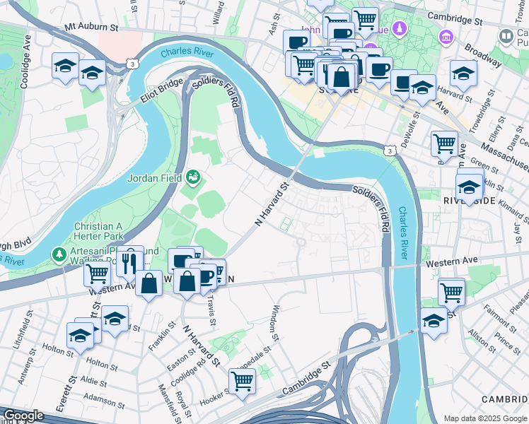 map of restaurants, bars, coffee shops, grocery stores, and more near 12 North Harvard Street in Boston