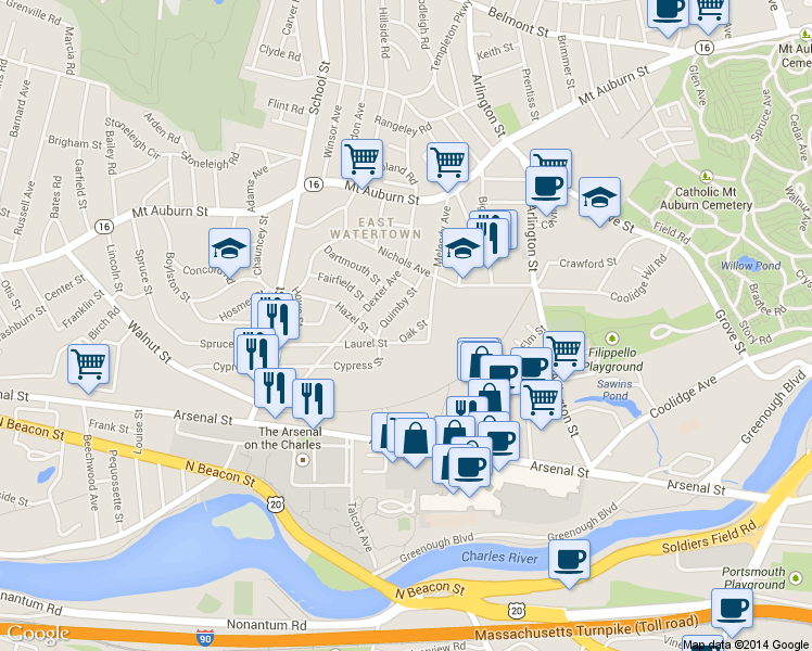 map of restaurants, bars, coffee shops, grocery stores, and more near 39 Oak Street in Watertown
