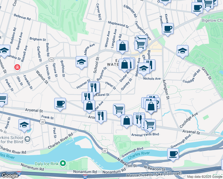 map of restaurants, bars, coffee shops, grocery stores, and more near 53 Laurel Street in Watertown