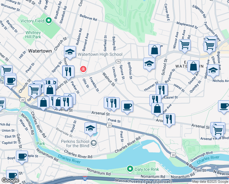 map of restaurants, bars, coffee shops, grocery stores, and more near 85 Walnut Street in Watertown