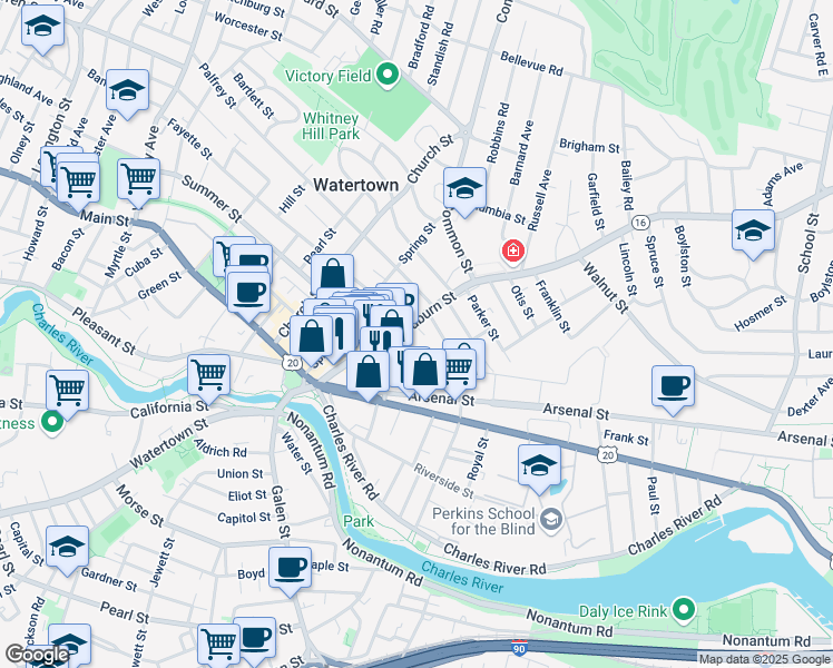 map of restaurants, bars, coffee shops, grocery stores, and more near 15 Patten Street in Watertown