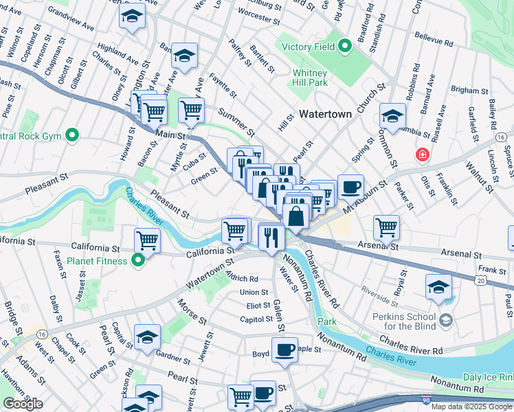 map of restaurants, bars, coffee shops, grocery stores, and more near 27 Pleasant Street in Watertown