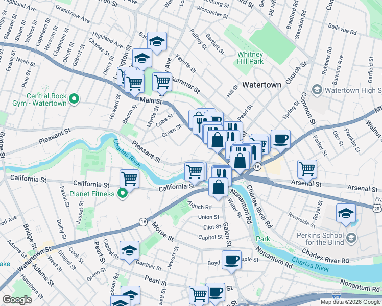 map of restaurants, bars, coffee shops, grocery stores, and more near 64 Pleasant Street in Watertown