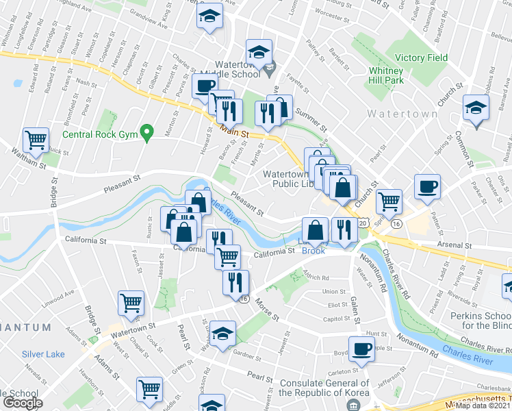 map of restaurants, bars, coffee shops, grocery stores, and more near 130 Pleasant Street in Watertown