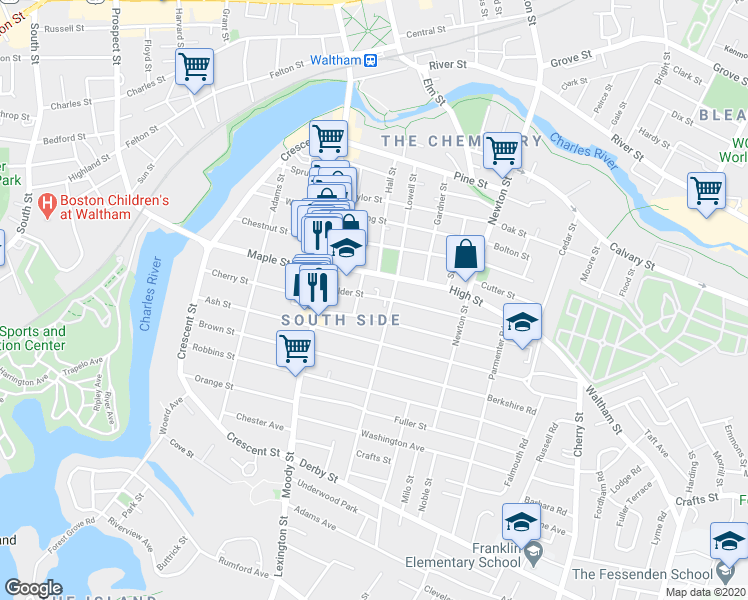 map of restaurants, bars, coffee shops, grocery stores, and more near 141 Lowell Street in Waltham