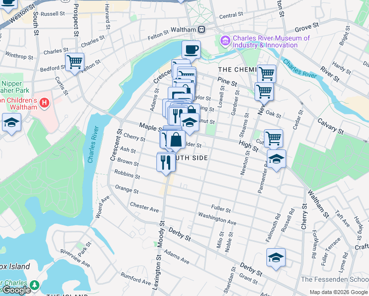map of restaurants, bars, coffee shops, grocery stores, and more near 33 Myrtle Street in Waltham