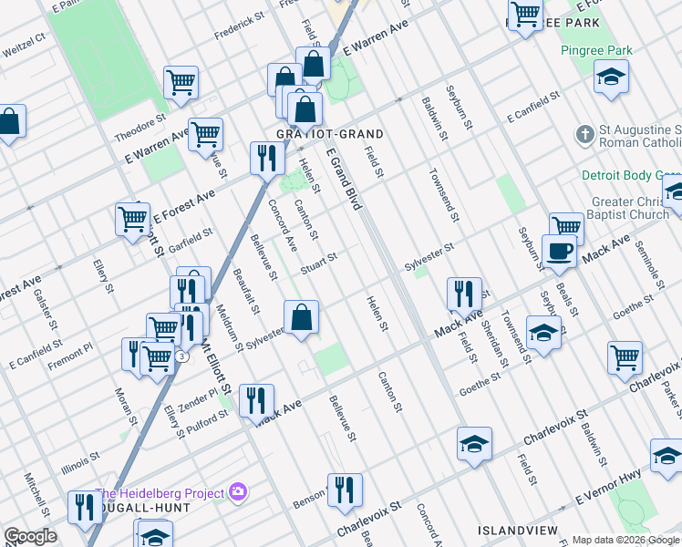 map of restaurants, bars, coffee shops, grocery stores, and more near 3915 Canton Street in Detroit