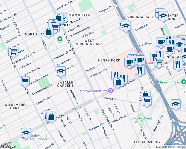 map of restaurants, bars, coffee shops, grocery stores, and more near 7434 Churchill Street in Detroit