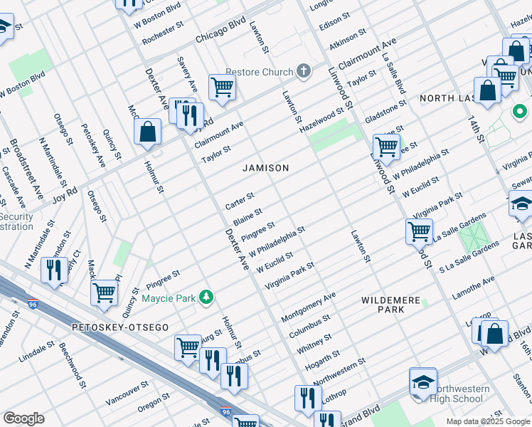 map of restaurants, bars, coffee shops, grocery stores, and more near 3265 Pingree Street in Detroit