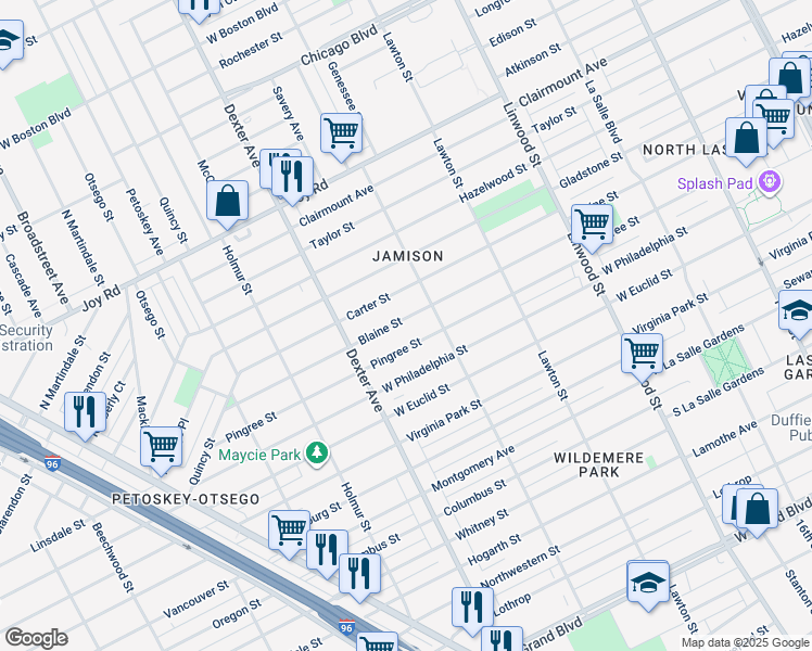 map of restaurants, bars, coffee shops, grocery stores, and more near 3265 Pingree Street in Detroit