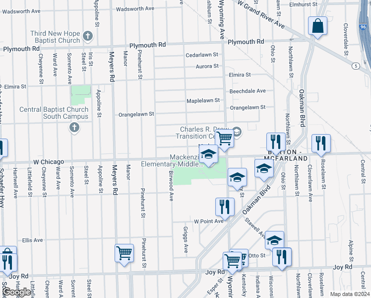 map of restaurants, bars, coffee shops, grocery stores, and more near 10300 West Chicago in Detroit